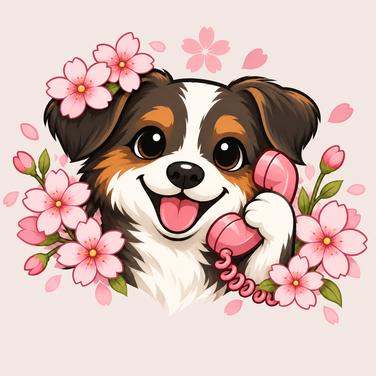 Petit chien tenant un téléphone parmi des fleurs de cerisier